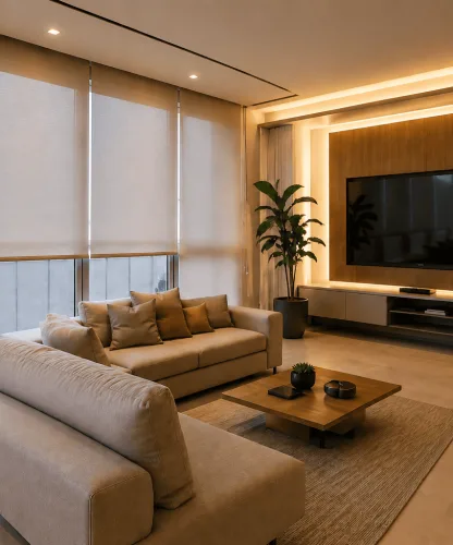 Sala moderna com persianas automatizadas oferecendo conforto, tecnologia e controle inteligente da luminosidade.