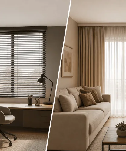 Comparação entre um ambiente com persiana horizontal e outro com cortina de tecido, destacando as diferenças de estilo, controle da iluminação e aplicação em projetos de decoração residencial.