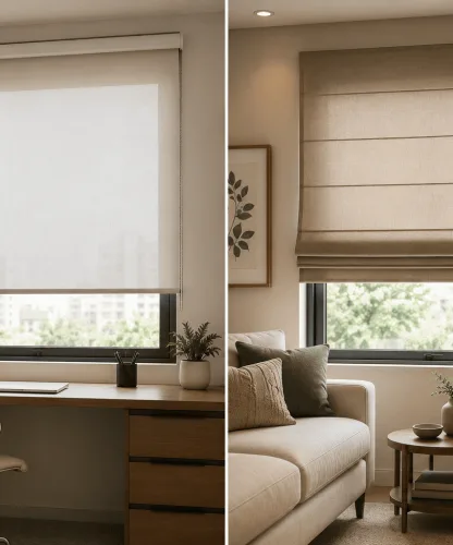 Comparação entre uma persiana rolô e uma persiana romana instaladas em ambientes residenciais modernos, evidenciando as diferenças no acabamento, no acionamento e na aparência de cada modelo.